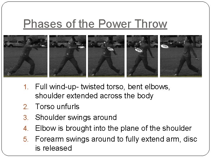 Phases of the Power Throw 1. Full wind-up- twisted torso, bent elbows, 2. 3.