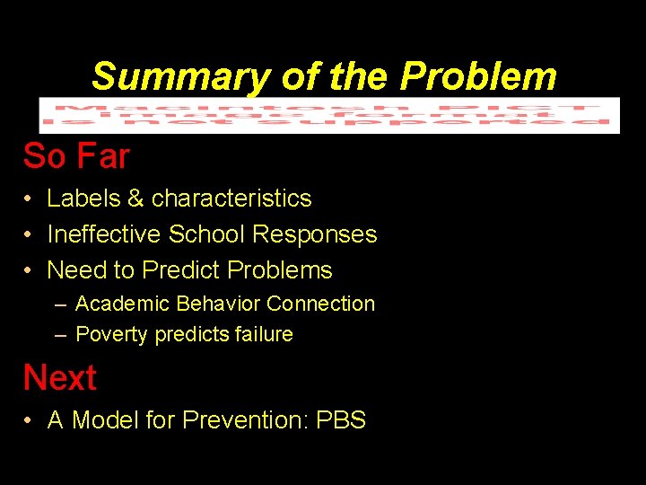 Summary of the Problem So Far • Labels & characteristics • Ineffective School Responses