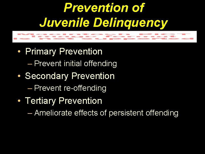 Prevention of Juvenile Delinquency • Primary Prevention – Prevent initial offending • Secondary Prevention