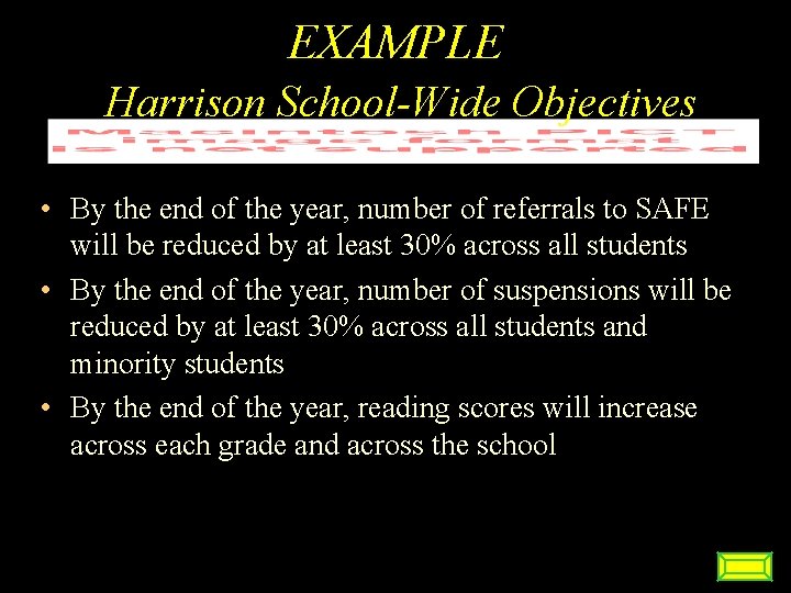 EXAMPLE Harrison School-Wide Objectives • By the end of the year, number of referrals