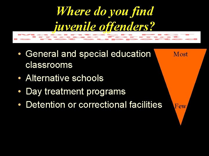 Where do you find juvenile offenders? • General and special education classrooms • Alternative