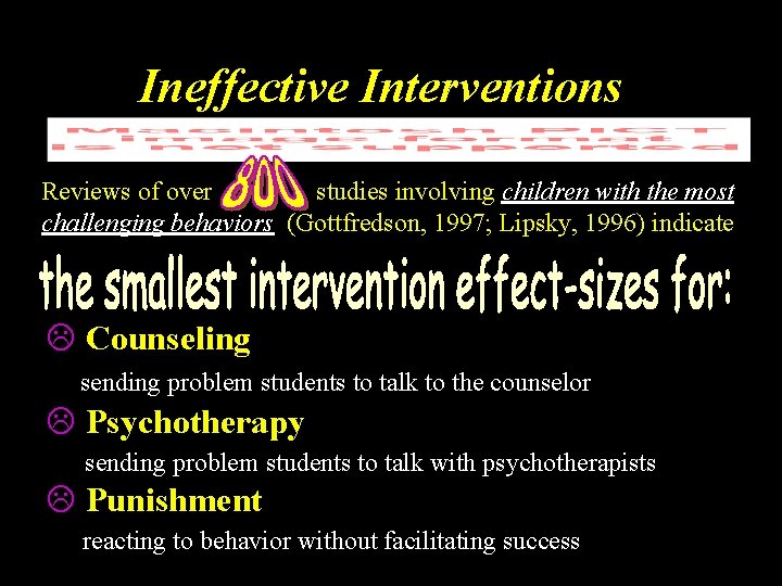 Ineffective Interventions Reviews of over studies involving children with the most challenging behaviors (Gottfredson,