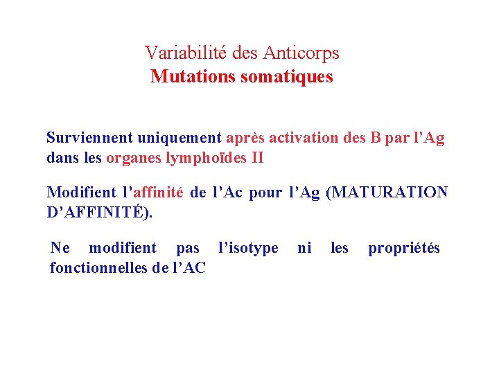 Variabilité des Anticorps Mutations somatiques Surviennent uniquement après activation des B par l’Ag dans