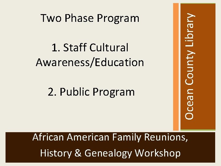  2. Public Program Ocean County Library Two Phase Program 1. Staff Cultural Awareness/Education