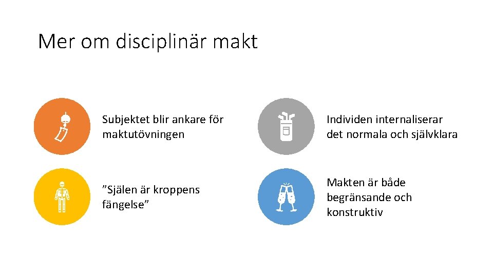 Mer om disciplinär makt Subjektet blir ankare för maktutövningen Individen internaliserar det normala och