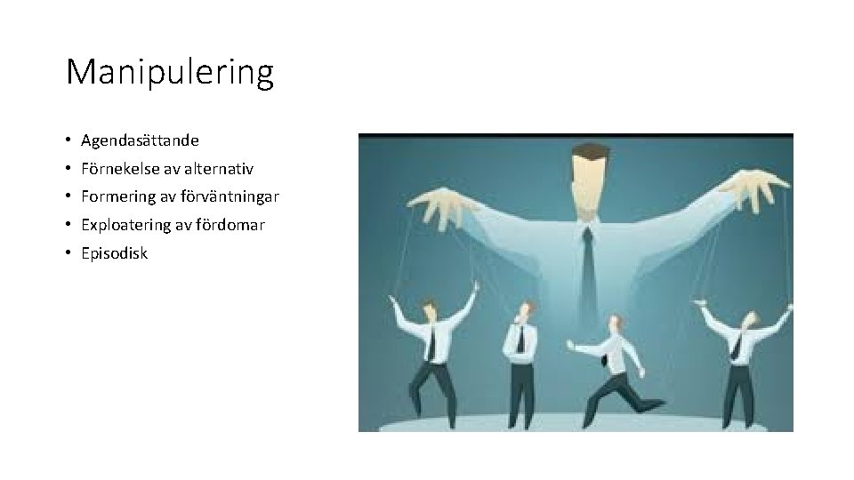 Manipulering • Agendasättande • Förnekelse av alternativ • Formering av förväntningar • Exploatering av