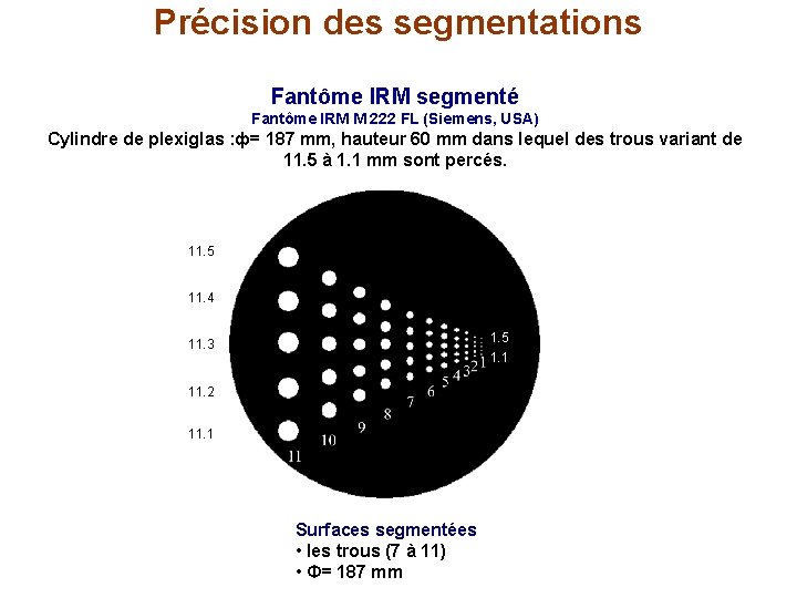 Précision des segmentations Fantôme IRM segmenté Fantôme IRM M 222 FL (Siemens, USA) Cylindre