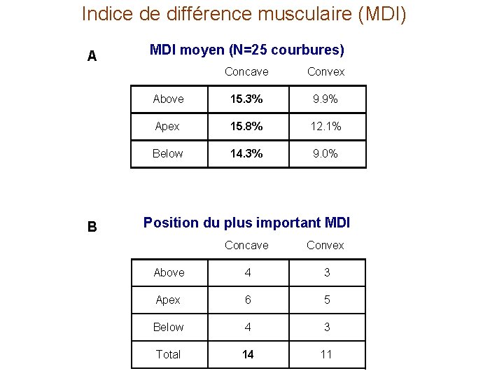 Indice de différence musculaire (MDI) A B MDI moyen (N=25 courbures) Concave Convex Above