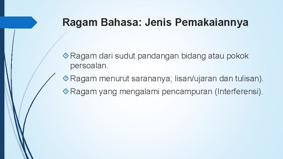 Ragam Bahasa: Jenis Pemakaiannya Ragam dari sudut pandangan bidang atau pokok persoalan. Ragam menurut Ragam Bahasa: Jenis Pemakaiannya Ragam dari sudut pandangan bidang atau pokok persoalan. Ragam menurut