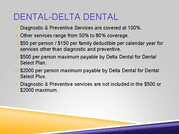 DENTAL-DELTA DENTAL Diagnostic & Preventive Services are covered at 100%. Other services range from