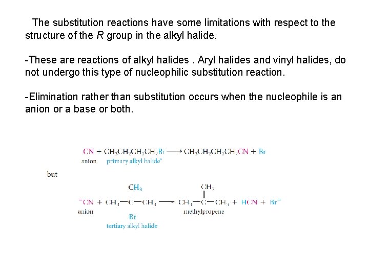 The substitution reactions have some limitations with respect to the structure of the R The substitution reactions have some limitations with respect to the structure of the R