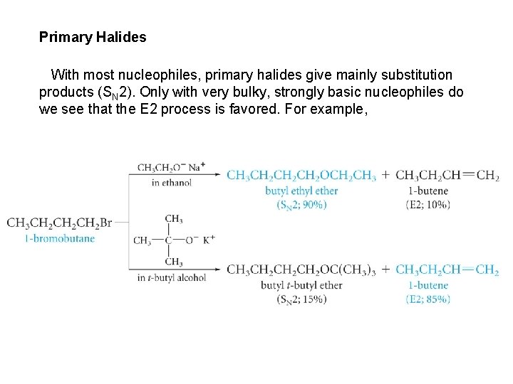 Primary Halides With most nucleophiles, primary halides give mainly substitution products (SN 2). Only