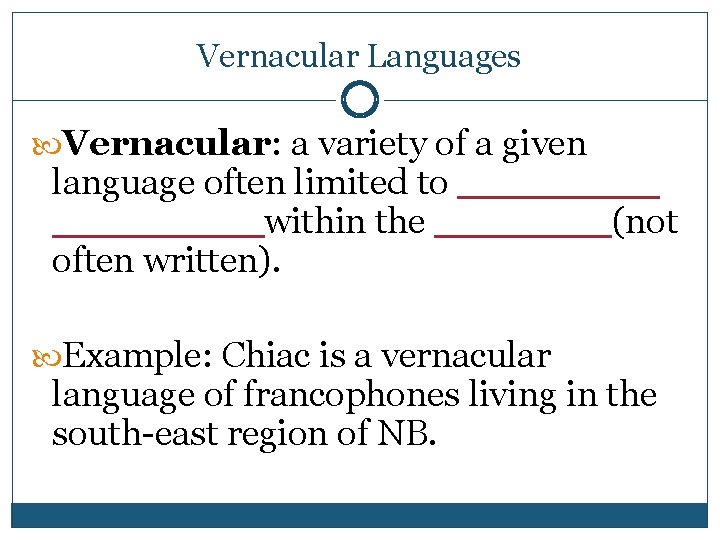 Vernacular Languages Vernacular: a variety of a given language often limited to ________ within