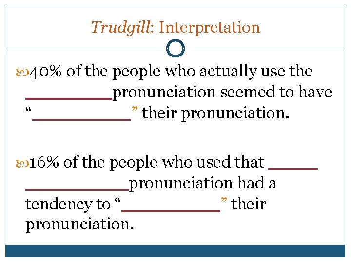 Trudgill: Interpretation 40% of the people who actually use the _______pronunciation seemed to have