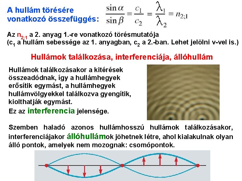 A hullám törésére vonatkozó összefüggés: Az n 2; 1 a 2. anyag 1. -re