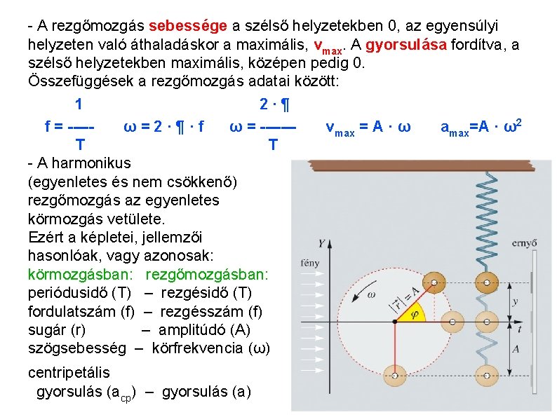 - A rezgőmozgás sebessége a szélső helyzetekben 0, az egyensúlyi helyzeten való áthaladáskor a