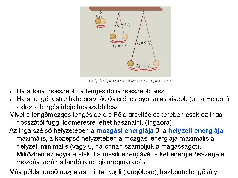 Ha a fonal hosszabb, a lengésidő is hosszabb lesz. Ha a lengő testre ható