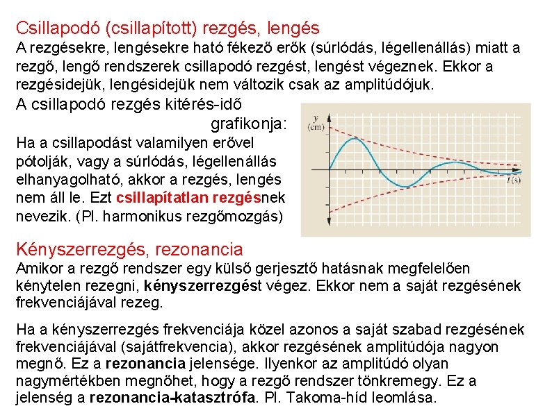 Csillapodó (csillapított) rezgés, lengés A rezgésekre, lengésekre ható fékező erők (súrlódás, légellenállás) miatt a