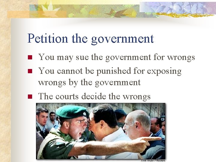 Petition the government n n n You may sue the government for wrongs You