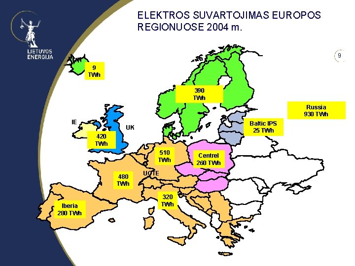 ELEKTROS SUVARTOJIMAS EUROPOS REGIONUOSE 2004 m. 9 9 TWh 390 TWh Russia 930 TWh