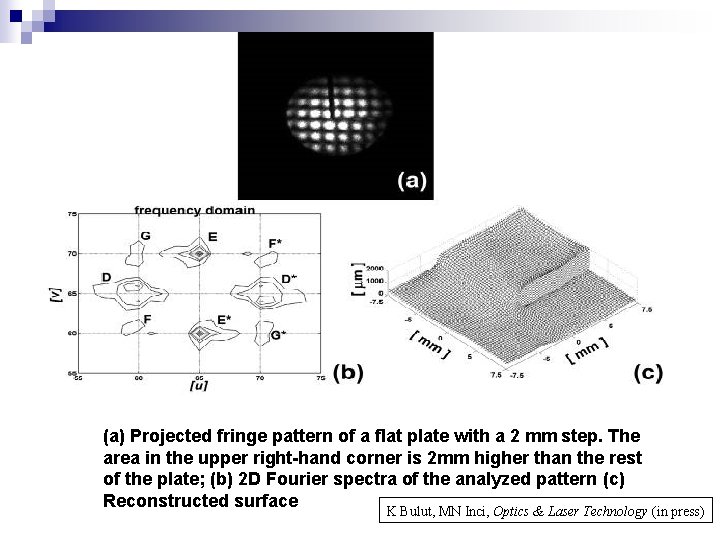 (a) Projected fringe pattern of a flat plate with a 2 mm step. The