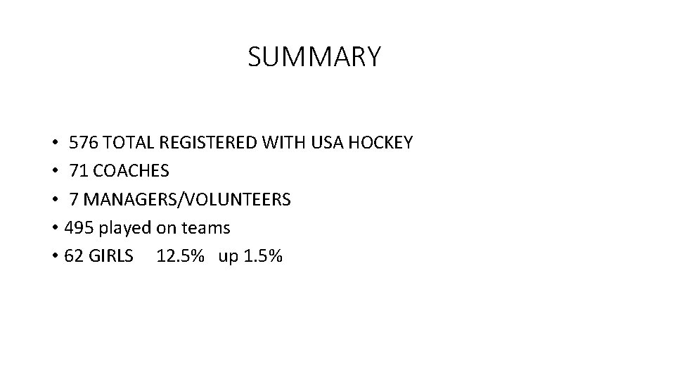 SUMMARY • 576 TOTAL REGISTERED WITH USA HOCKEY • 71 COACHES • 7 MANAGERS/VOLUNTEERS