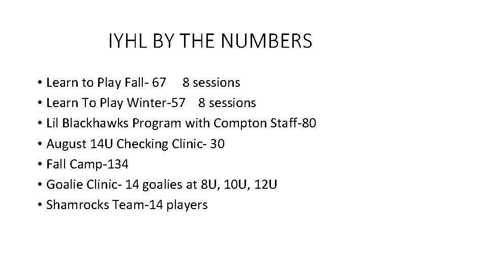 IYHL BY THE NUMBERS • Learn to Play Fall- 67 8 sessions • Learn