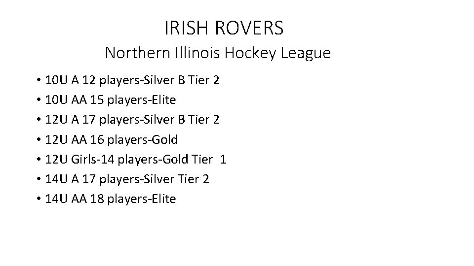 IRISH ROVERS Northern Illinois Hockey League • 10 U A 12 players-Silver B Tier