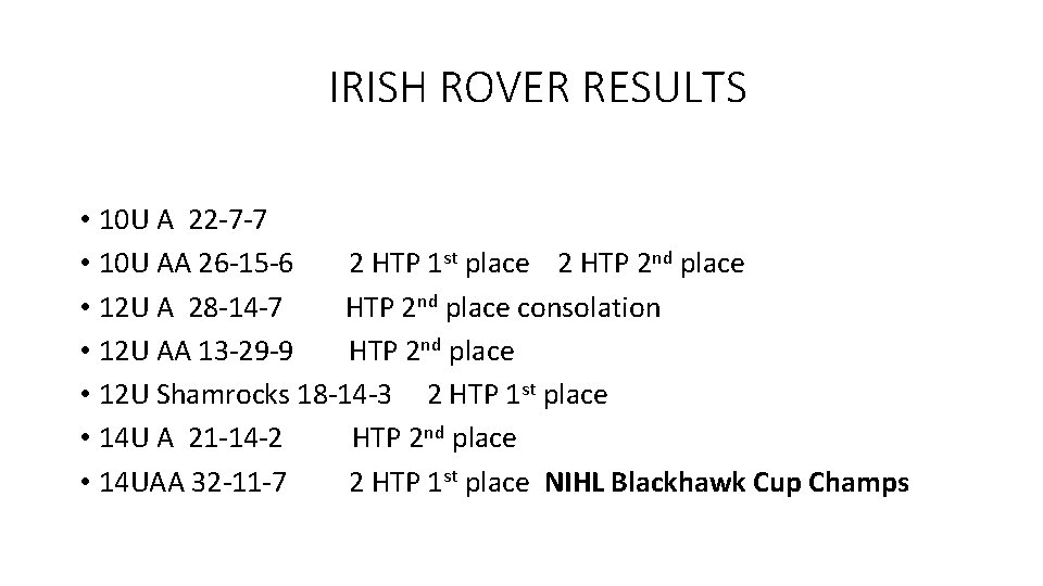 IRISH ROVER RESULTS • 10 U A 22 -7 -7 • 10 U AA