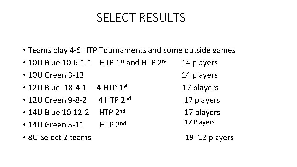 SELECT RESULTS • Teams play 4 -5 HTP Tournaments and some outside games •