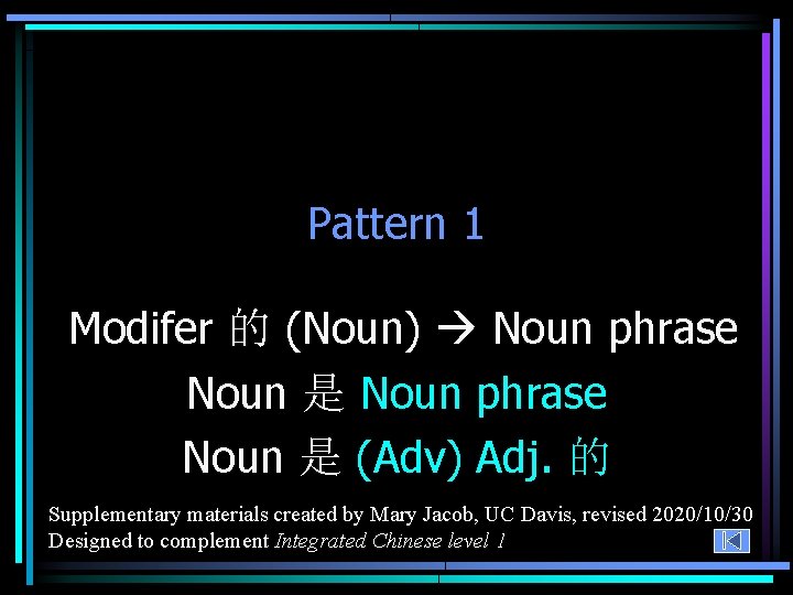 Pattern 1 Modifer 的 (Noun) Noun phrase Noun 是 (Adv) Adj. 的 Supplementary materials