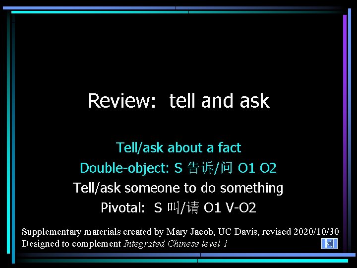 Review: tell and ask Tell/ask about a fact Double-object: S 告诉/问 O 1 O