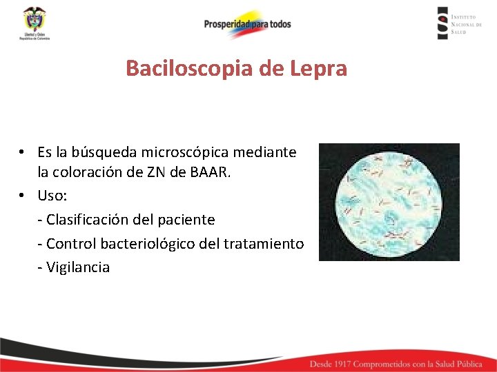 Baciloscopia de Lepra • Es la búsqueda microscópica mediante la coloración de ZN de