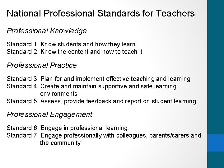 National Professional Standards for Teachers Professional Knowledge Standard 1. Know students and how they