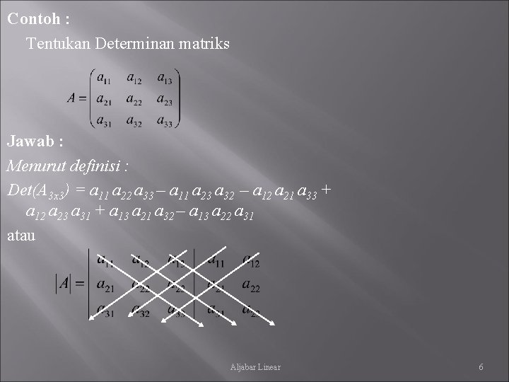 Contoh : Tentukan Determinan matriks Jawab : Menurut definisi : Det(A 3 x 3)