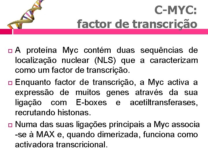 C-MYC: factor de transcrição A proteína Myc contém duas sequências de localização nuclear (NLS)