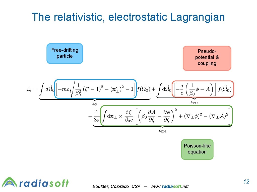The relativistic, electrostatic Lagrangian Free-drifting particle Pseudopotential & coupling Poisson-like equation Boulder, Colorado USA