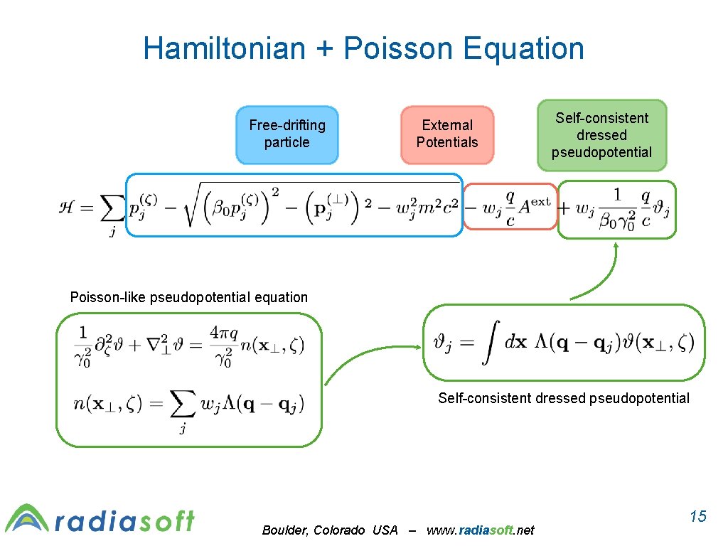 Hamiltonian + Poisson Equation Free-drifting particle External Potentials Self-consistent dressed pseudopotential Poisson-like pseudopotential equation