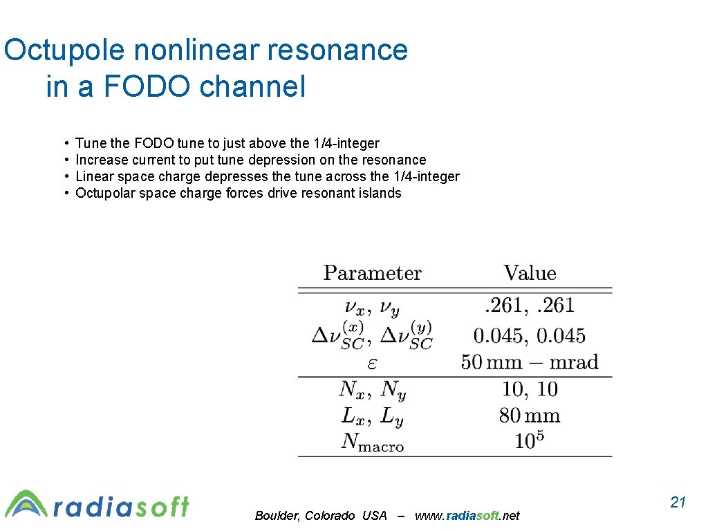 Octupole nonlinear resonance in a FODO channel • • Tune the FODO tune to