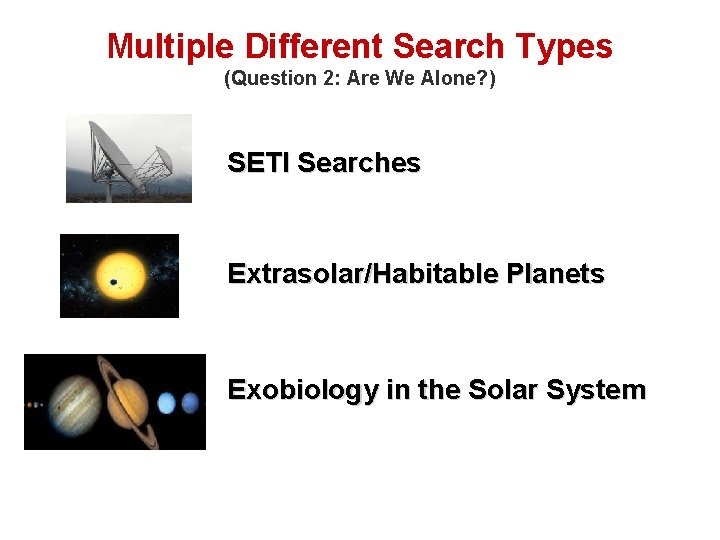 Multiple Different Search Types (Question 2: Are We Alone? ) SETI Searches Extrasolar/Habitable Planets