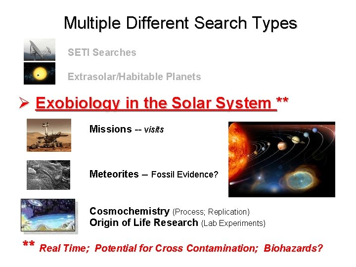 Multiple Different Search Types SETI Searches Extrasolar/Habitable Planets Ø Exobiology in the Solar System