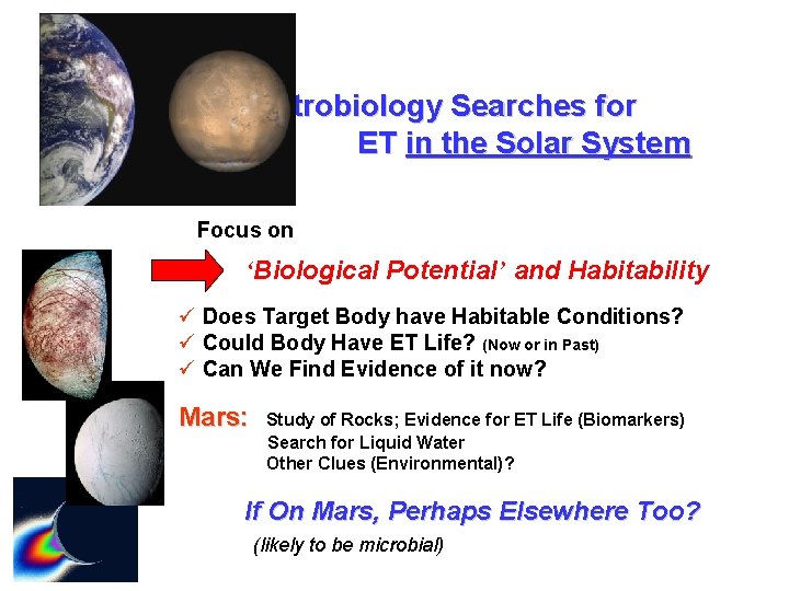 Astrobiology Searches for ET in the Solar System Focus on ‘Biological Potential’ and Habitability