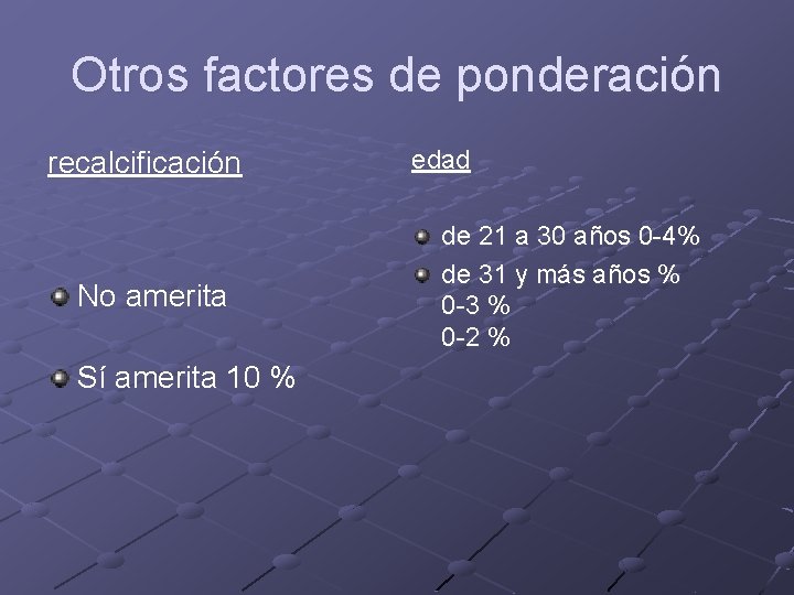 Otros factores de ponderación recalcificación No amerita Sí amerita 10 % edad de 21