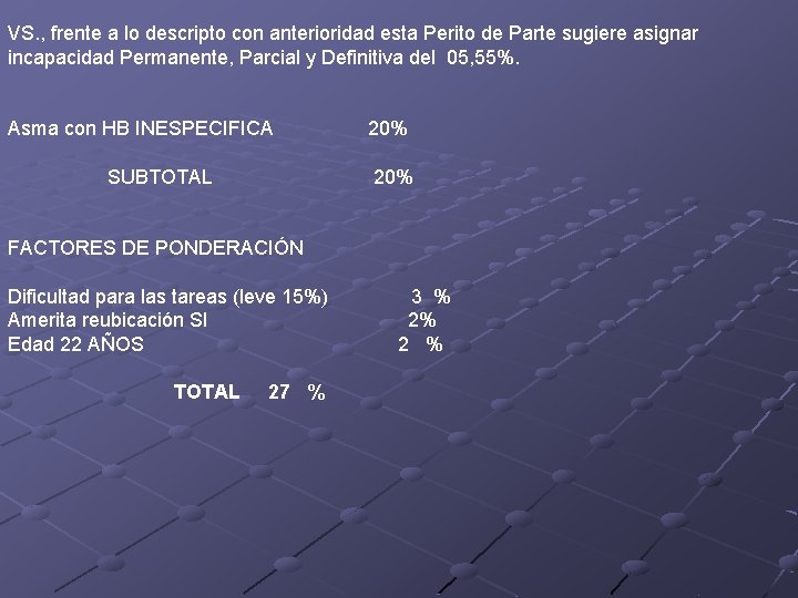  VS. , frente a lo descripto con anterioridad esta Perito de Parte sugiere