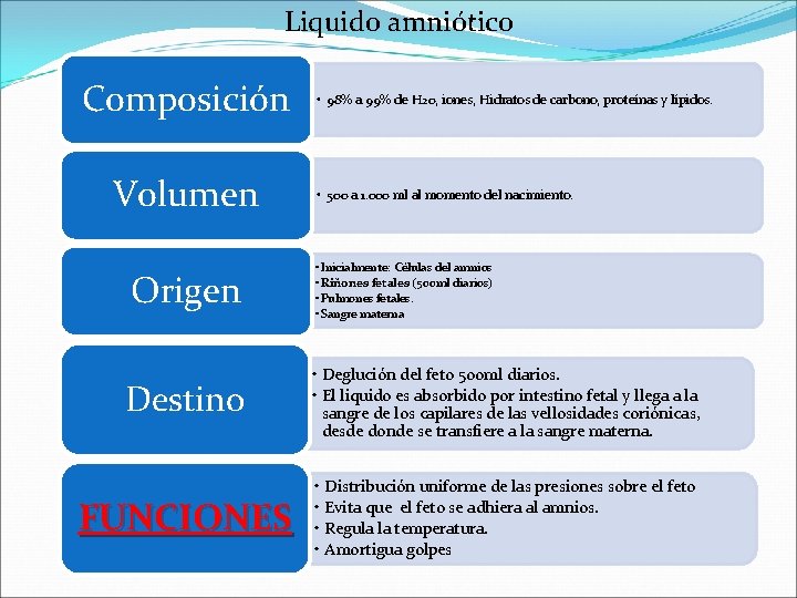 Liquido amniótico Composición Volumen Origen • 98% a 99% de H 20, iones, Hidratos