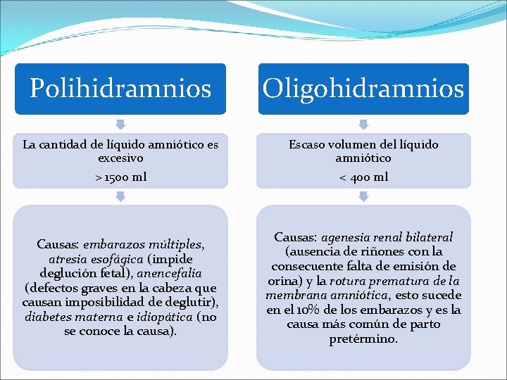 Patologías Polihidramnios Oligohidramnios La cantidad de líquido amniótico es excesivo > 1500 ml Escaso