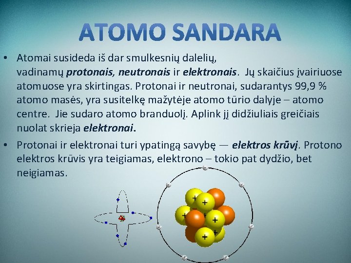  • Atomai susideda iš dar smulkesnių dalelių, vadinamų protonais, neutronais ir elektronais. Jų