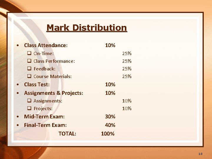 Mark Distribution • Class Attendance: q q 10% On-Time: Class Performance: Feedback: Course Materials: