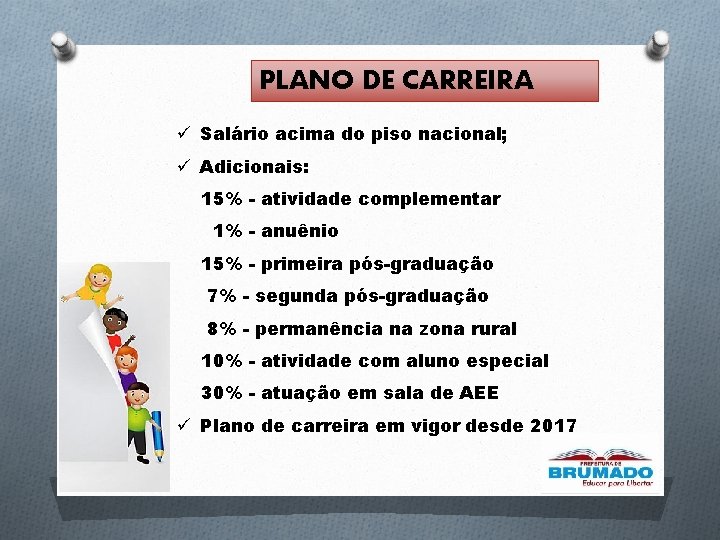 PLANO DE CARREIRA ü Salário acima do piso nacional; ü Adicionais: 15% - atividade PLANO DE CARREIRA ü Salário acima do piso nacional; ü Adicionais: 15% - atividade