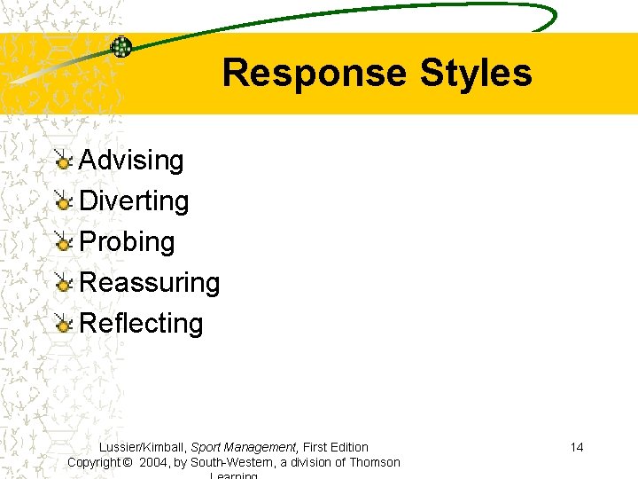 Response Styles Advising Diverting Probing Reassuring Reflecting Lussier/Kimball, Sport Management, First Edition Copyright ©